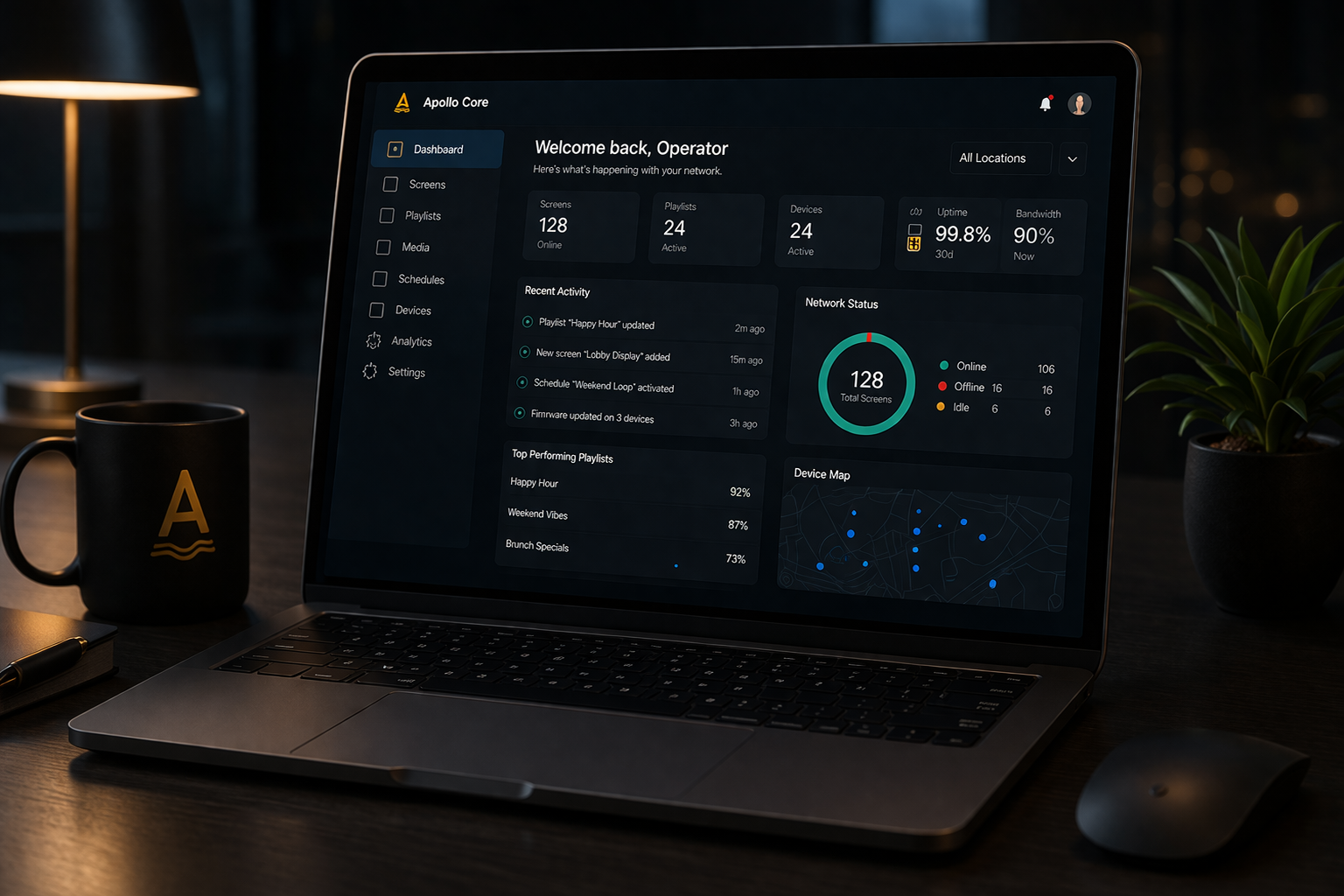 Apollo Core client dashboard shown on a laptop